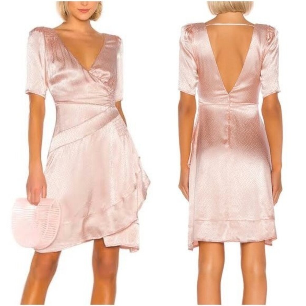 LPA Soft Blush Pink 3/4 Sleeve V Neck & Back Elettra Satin Jacquard Smocked S
